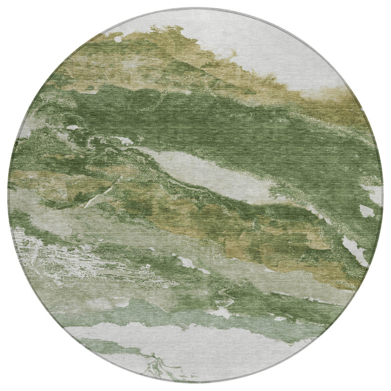 Machine Washable Indoor/Outdoor Xhevrie Green Rug, Round 8'
