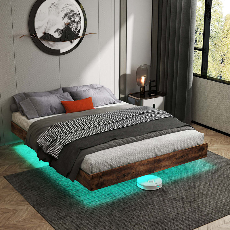 Queen Size Floating Bed Frame with LED Lights, Heavy Duty Metal Platform, Queen