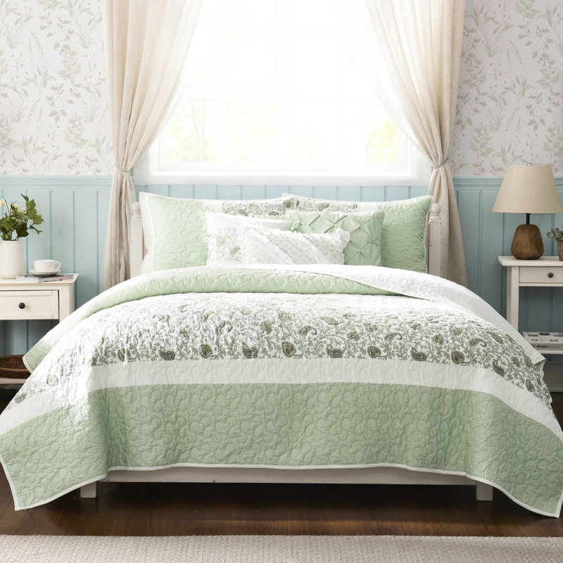 6 courtepointe en coton avec coussins décoratifs - très grand / très grand, dentelle sauge, King Quilt + 5 Additional Pieces