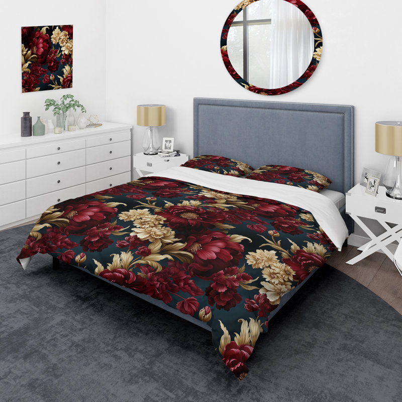 Renaissance Revival Victorian Pattern - Floral Duvet Cover Set, Queen Duvet Cover + 2 Standard Shams