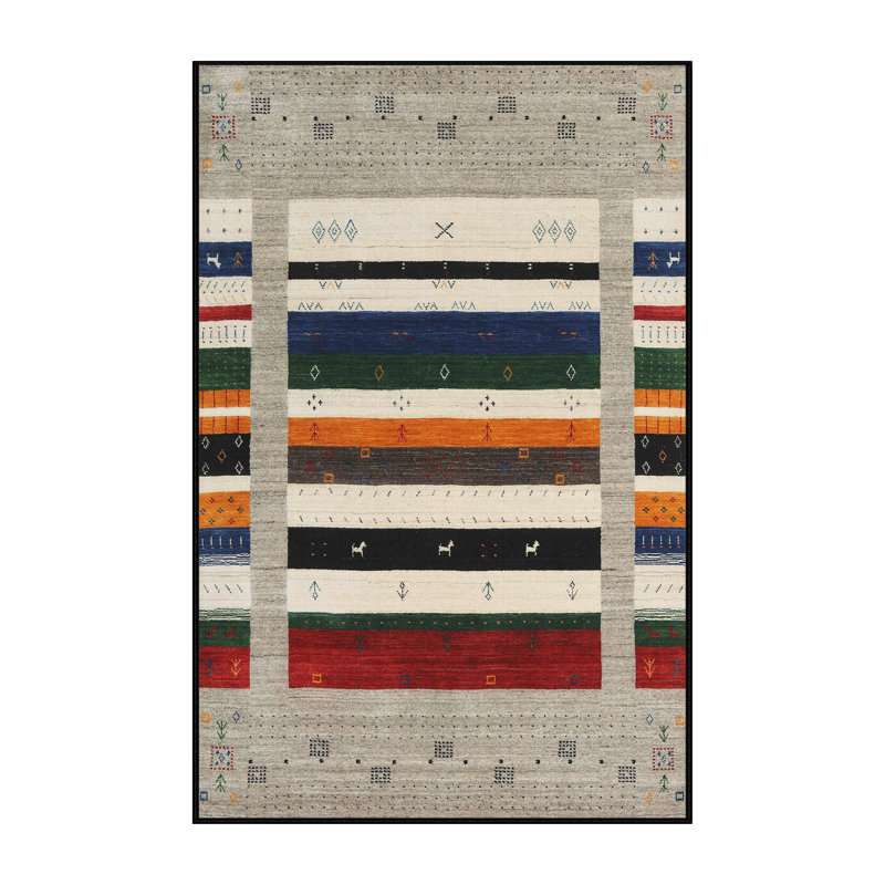 Beige contemporain/Tapis décoratif rouge, Rectangle 5 pi x 7 pi