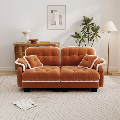 Canapé en chenille à deux places avec coussins décoratifs, coussins de siège capitonnés et garnis de pompons, canapé ergonomique à assise profonde, idéal pour les salons, les bureaux et les appartements