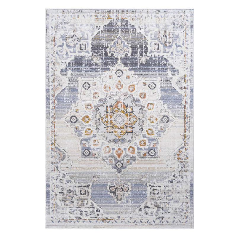 5X7 Cream Area Rug With Gold Medallion Feature - Non-Shedding, For Study Non-Shedding In Cream/Gold , - Study, Home Office