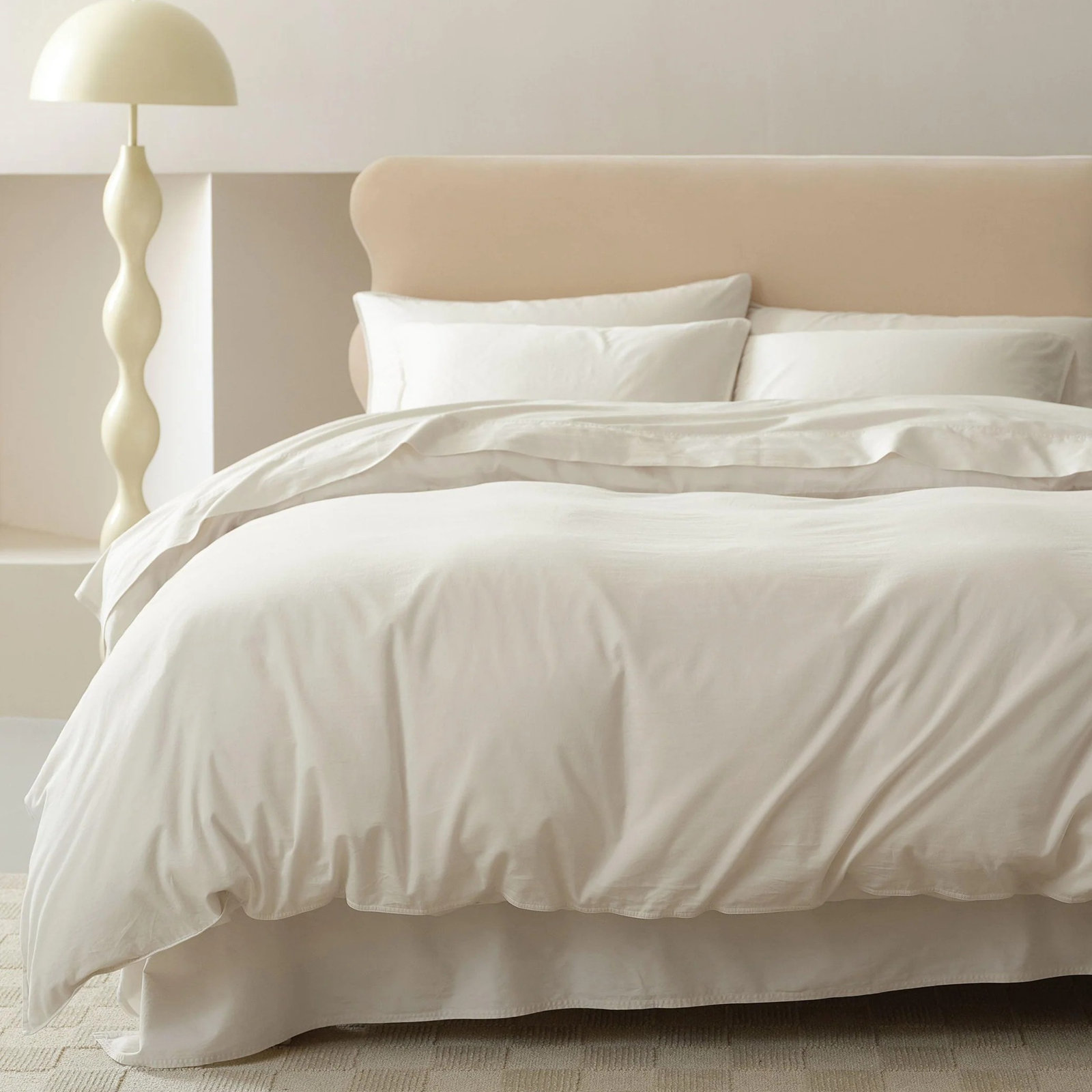 Double Stitch Cotton Duvet Cover Set, Queen Duvet Cover + 2 Pillow Shams, Coconut White