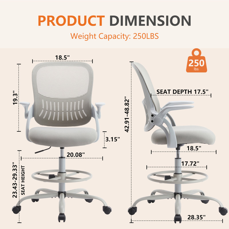 Chaise haute de bureau ergonomique avec accoudoirs rabattables Sweetcrispy, Gris