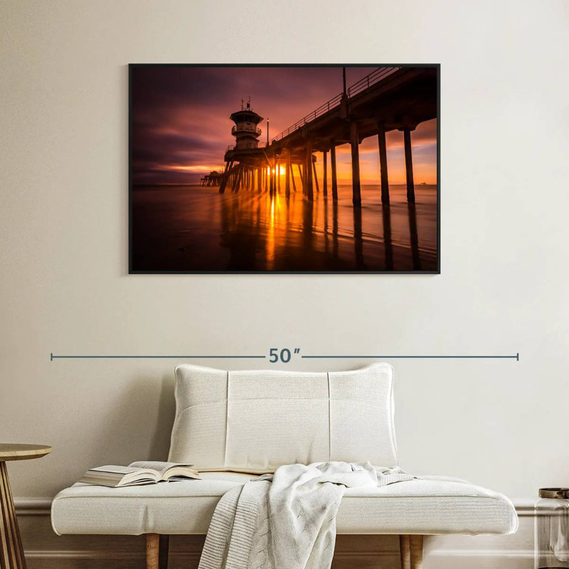 Coucher de soleil à Huntington Beach Pier, Cadre flottant noir, 40 po x 27 po