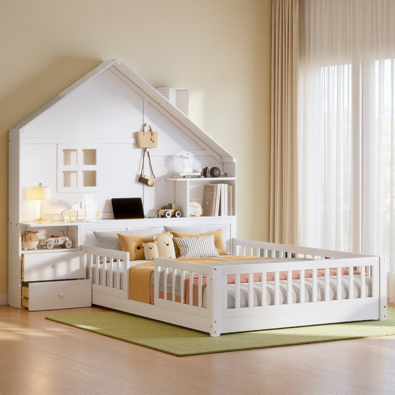 Lit double pleine grandeur avec fenêtre et tiroirs de chevet, lit plateforme avec tablettes et ensemble de prises et port USB, blanc