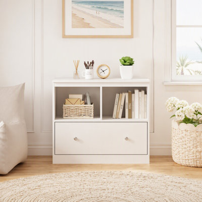 Kids Toy Storage Organizer with Large Drawer, Low Bookshelf for Nursery & Playroom, Wooden Kids Cabinet for Books and Toys, White