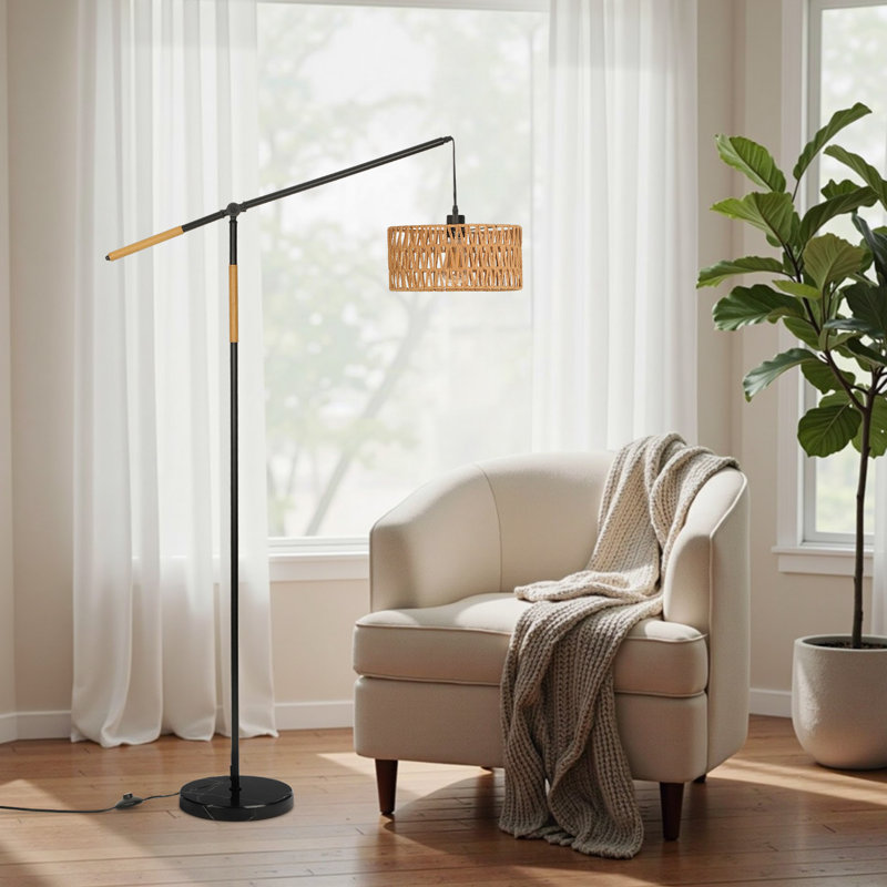 Aarzo 68" Bohemian Rattan Arched/Arc Floor Lamp with Foot Switch and Adjustable Arm, Black