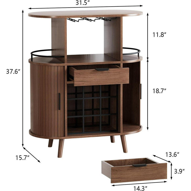 Modern Wine Bar Cabinet, Wood Liquor Cabinet Bar For Home With Wine Rack And Glass Holder, Fluted Buffet Sideboard With Storage For Kitchen, Dining Room, Living Room