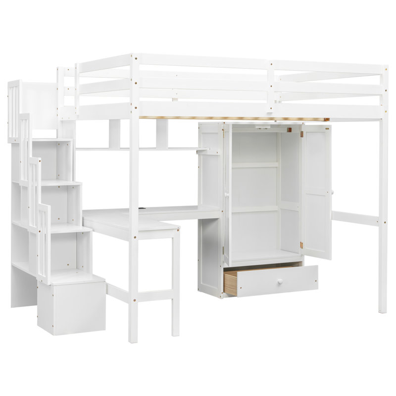 Lit mezzanine double avec bureau, bibliothèques, garde-robe et tiroir, escalier de rangement intégré, garde-corps de sécurité, blanc