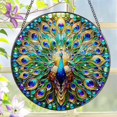 Attrape-paon de 8 po, ornement en vitrail, attrape-soleil pour accrocher les fenêtres, décoration de fenêtre, extérieur ou intérieur, cadeaux pour femmes, amoureux, couple, ami, bestie
