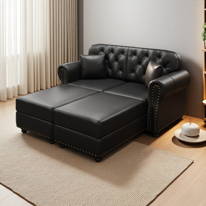 Canapé Chesterfield de 63 po avec garniture cloutée et accoudoirs roulés, Noir