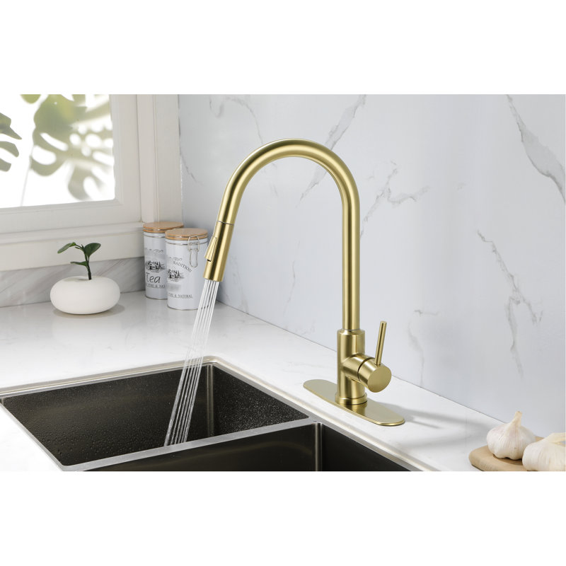 Kitchen Faucet With Pull Down Spray - 360 Rotating High Nozzle, Single Handle For Simple Water Temperature And Flow Adjustment, Corrosion Rust-, Gold Stainless Steel, 15.94 In. Depth, 10.05 Width,