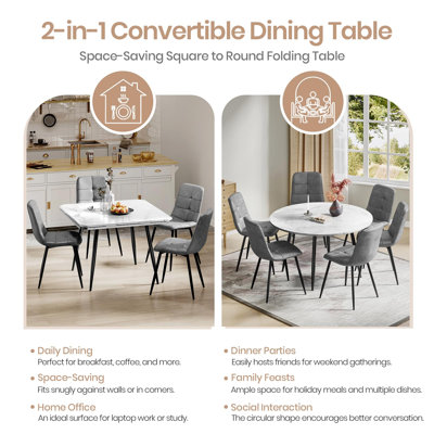 Dining Table And Chairs Set Of 4, Extendable Round Marble Effect Folding Table With Upholstered Tech Fabric Chairs For Dining Room,Kitchen