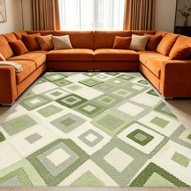 Sage Green & Ivory Concentric Diamond carpet-easy to clean, machine-washable, soft and comfortable; suitable for door mats, kitchens, living rooms, bedrooms, corridors, and laundry areas. Easy to clean, durable carpet for home decoration.