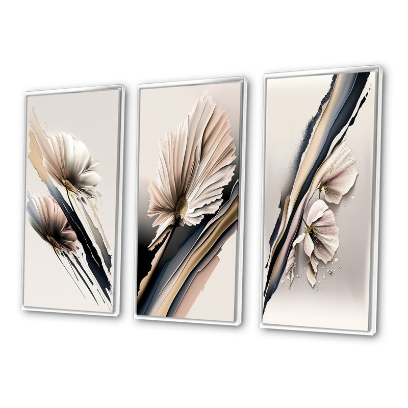 «Beige Gerber Flowers Hyperrealistic», 3 pièces sur toile, Blanc, H 28 po x l 36 po