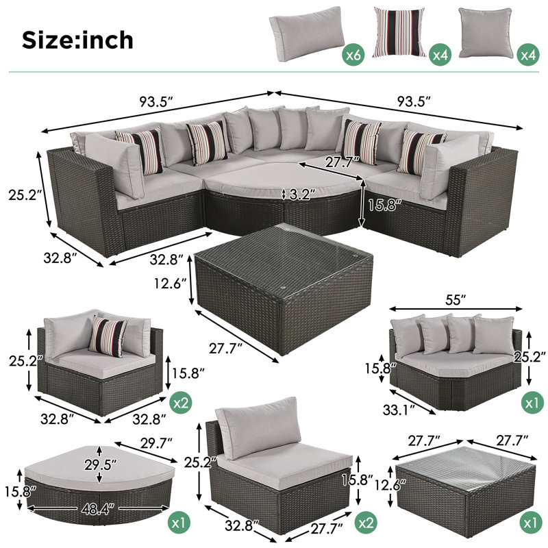 7-Piece Outdoor Wicker Sectional Sofa Set, Rattan Patio Conversation Sectional Sofa Set with Colorful Pillows for Patio, Garden, Deck