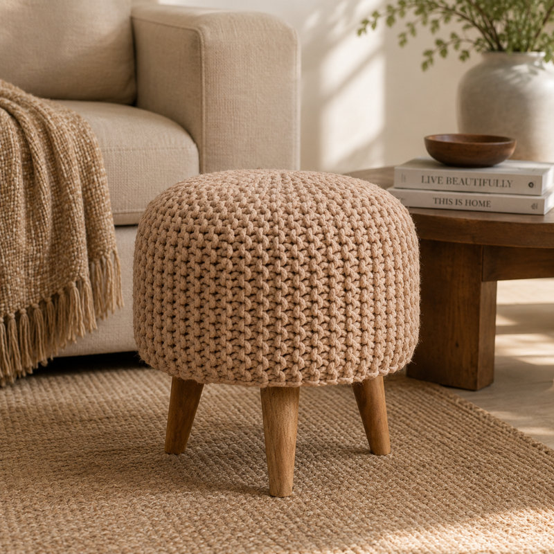 Saylorville 40 cm W Cotton Round Footstool, Beige