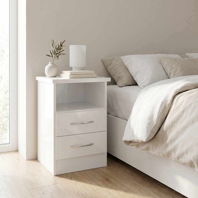 Cascio 2 Drawer Bedside Table, White Gloss