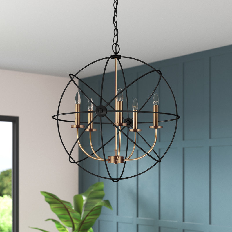 Waldron 5 - Light Aluminum Dimmable Sphere Chandelier, Black and Gold