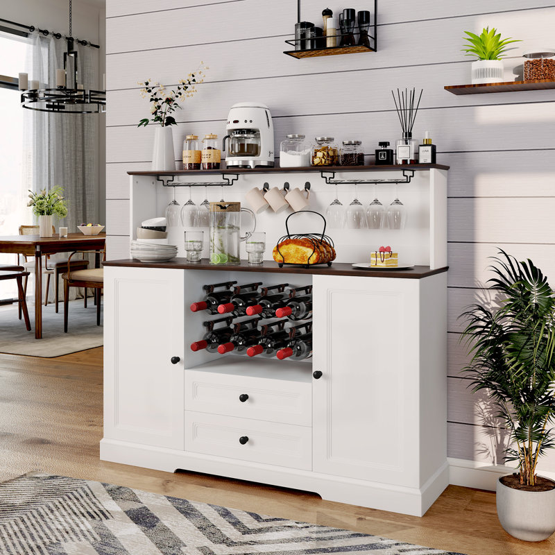 55.3" Wine Coffee Bar Cabinets With Leather Wine Rack Design And Led Lights