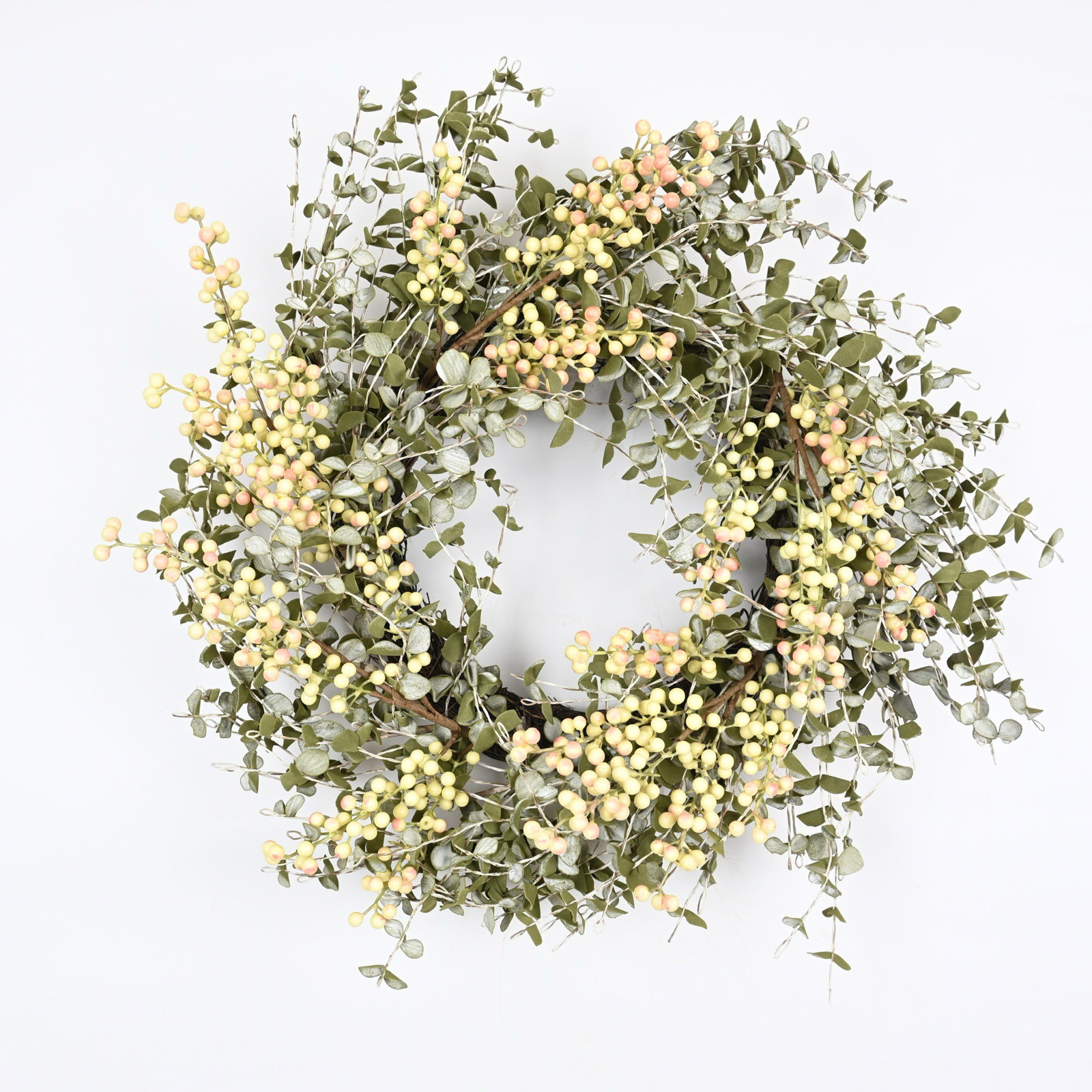 24" Artificial Farmhouse Mini Eucalyptus Blossoms Cluster Berry Spring Fall Wreath For Front Door, Green/Beige
