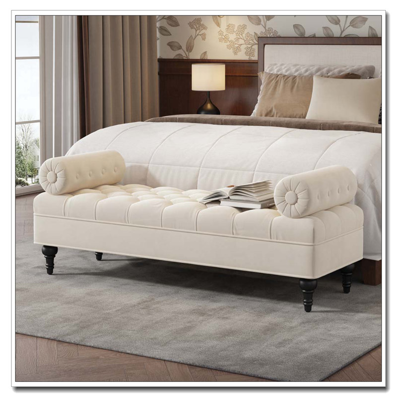 Banc de chambre à coucher, banc de bout de lit, banc rembourré en velours avec 2 coussins amovibles, repose-pieds rembourré confortable, repose-pieds pour chambre à coucher, salon, entrée