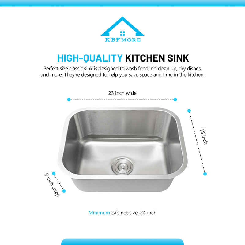Évier de cuisine en acier inoxydable à simple cuve encastrable de calibre 18 KBFmore Classic, L 23 po x l 18 po x P 9 po