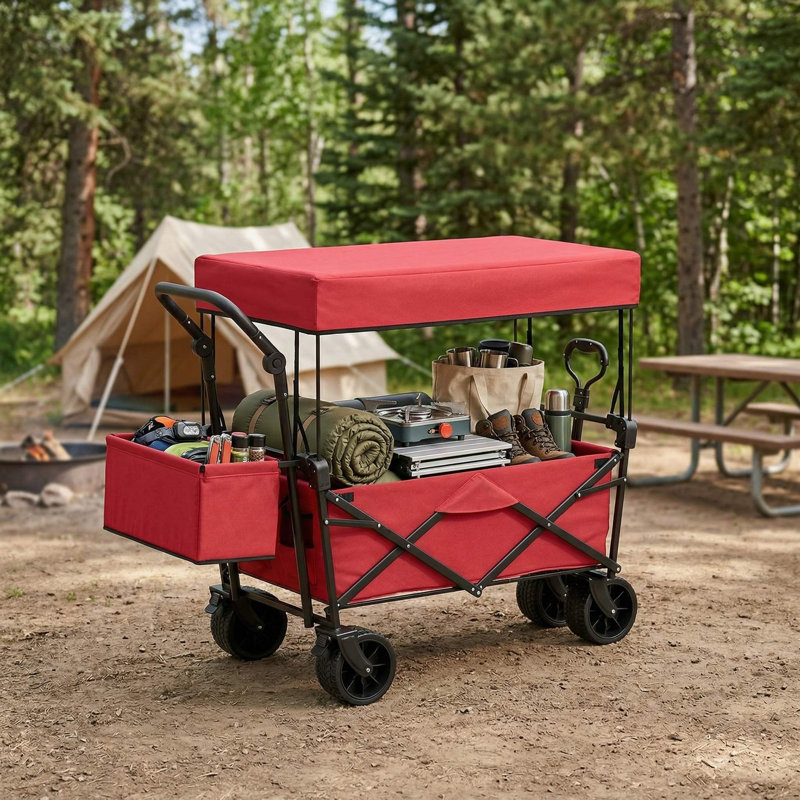 Chariot utilitaire pliable robuste à capacité de charge de 220 lb avec roues antidérapantes tout-terrain résistantes à l'usure, auvent amovible de protection contre les rayons UV