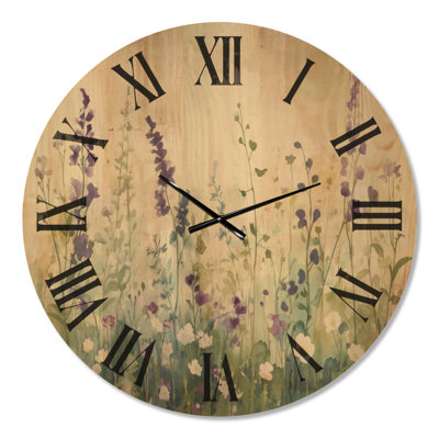 Horloge murale de style ferme, motif « Prairie de lavande sauvage », imprimée sur bois