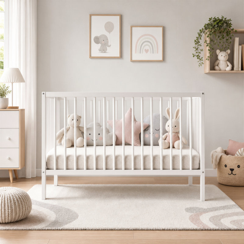 4-in-1 Round Spindle Guardrail Cot Bed with Mattress, White