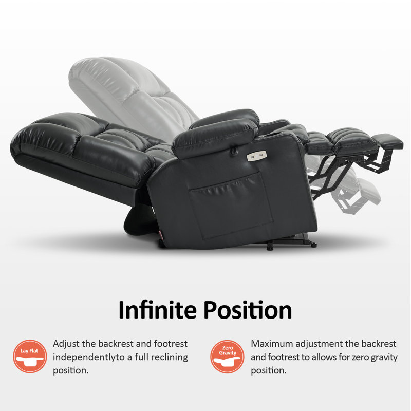 26.4'' W Oversized Dual Motor Power Lift Recliner Infinite Position With Heat And Massage, Faux Leather, Black