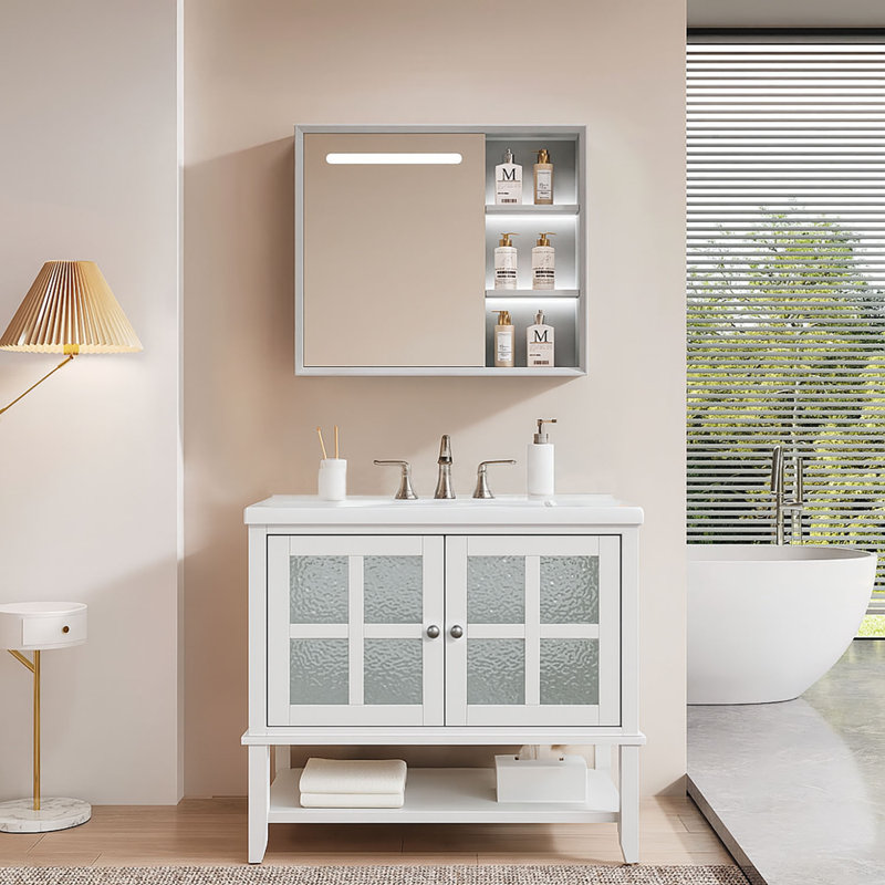 Meuble-lavabo autoportant moderne en bois avec lavabo en céramique, Blanc