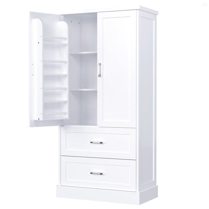 Tall Bathroom Storage Cabinet, Cabinet With Two Doors And Drawers, Adjustable Shelf, MDF Board, White, Two Packages