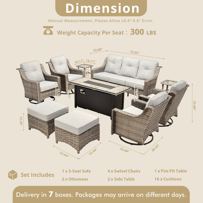 Sturgill 10-Piece Wicker Patio Conversation Set with Swivel Rocking Chairs and 50,000 BTU Fire Pit Table, Gray