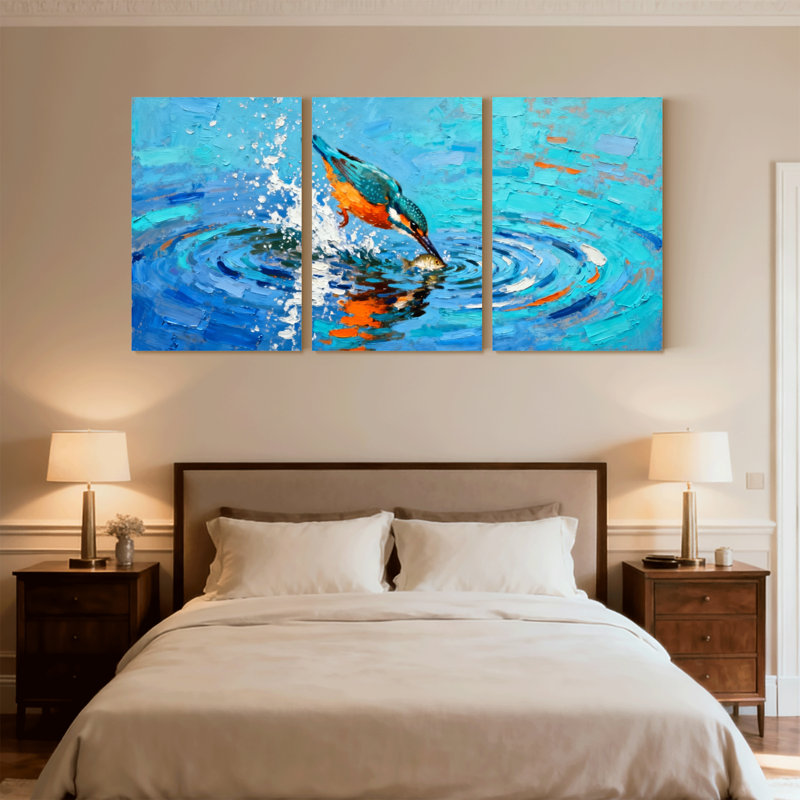 Oiseaux martin-pêcheur plongeant dans l'eau avec ensemble de 3 impressions sur toile, H 18 po x l 36 po