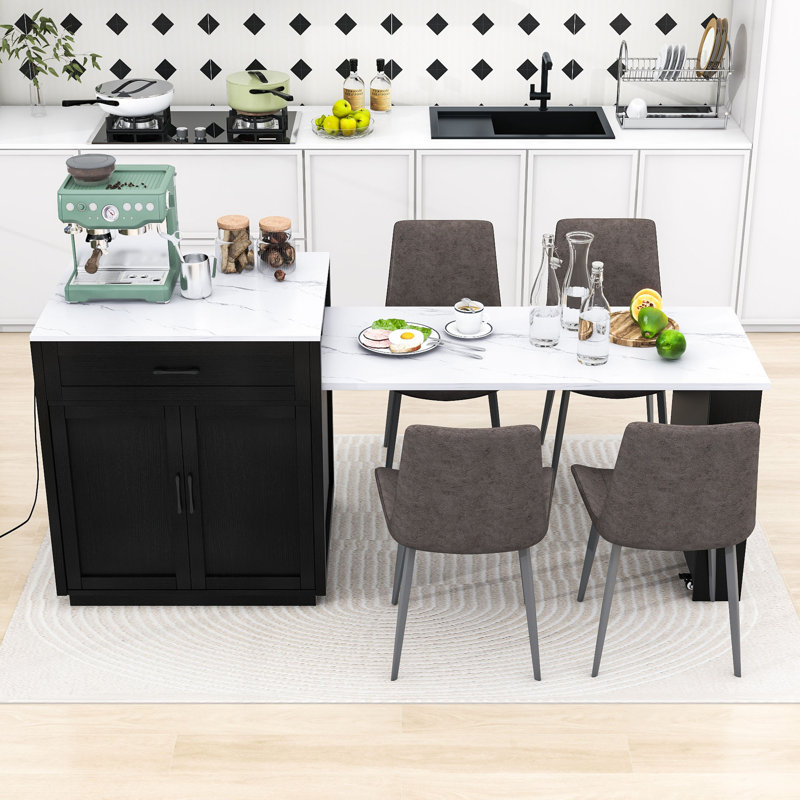 Devinder Wooden Kitchen Island with Extendable Dining Table, Built-in Charging Station and Ample Storage, Black