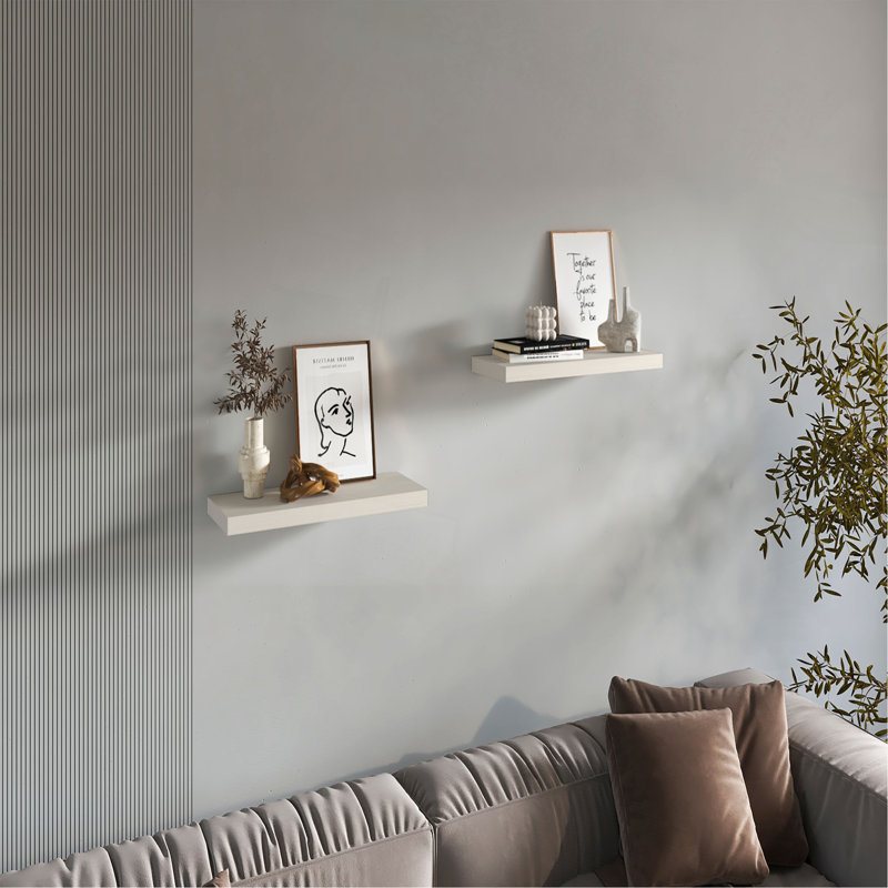 Tablettes flottantes, chêne blanchi, 2 tablettes, H 1,50 po, H 1,5 po x l 31,5 po x P 9,8 po, Blanc