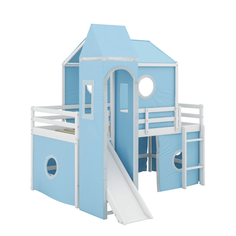 Lit mezzanine simple avec glissade et tour, Bleu
