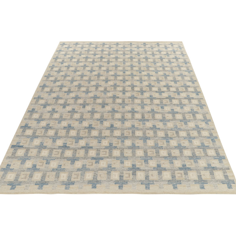 Scandinavian Rug In Blue, Greige Geometric Pattern By Rug & Kilim, Rectangle 9' x 12'