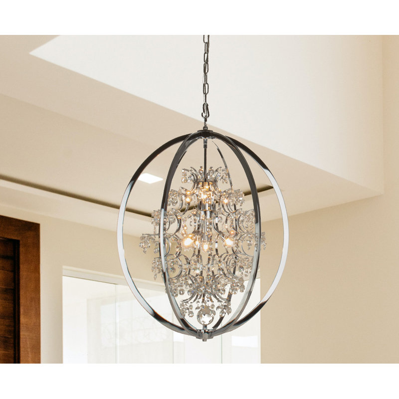 Lustre sphérique unique à 7 lumières avec accents de cristal Snediker, Chrome