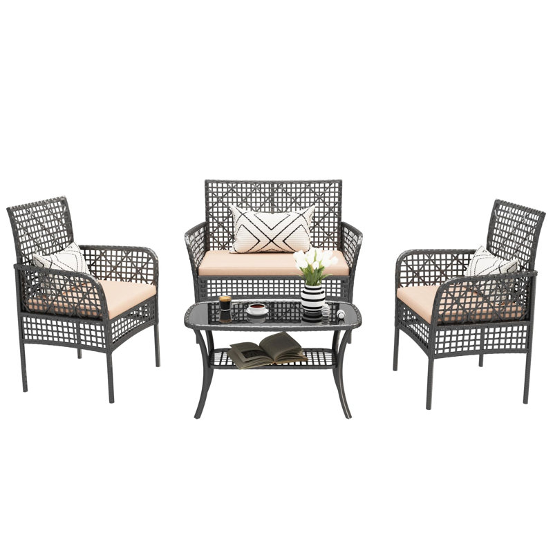 Patio extérieur 4 - Pe, coussins moelleux et table en verre trempé pour la piscine, Beige