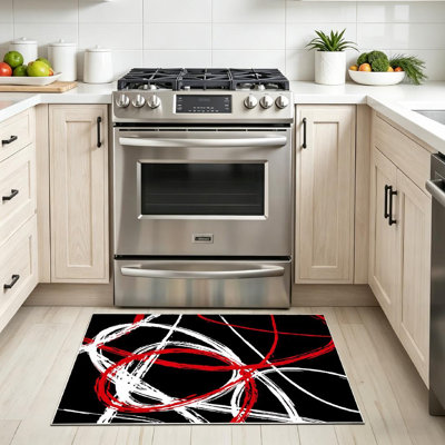 Black Machine Washable,of Several Red Lines and White Indoor Area Rug