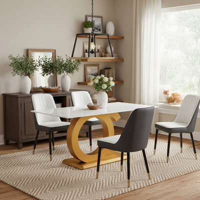 Aurum Modern Dining Set: Marble-Texture Glass Table & Gold Dual-Tone Chairs（Set of 5）