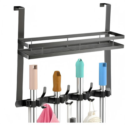 Broom Holder Over The Door Over Door Broom And Mop Rack Over The Door Hooks Organizer With4 Slots ， 3 Hooks 1 Storage Basket For Laundry Room, Garage, Closet, Kitchen Decor