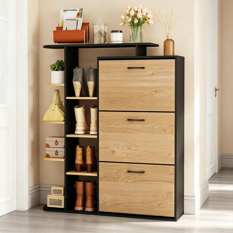 22 Pair Shoe Storage, Black & Natural