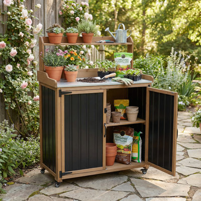 2-in-1 Outdoor Storage Cabinet & Potting Bench, Heavy Duty Metal Top Utility Station for Garden Tools, Easy Assembly