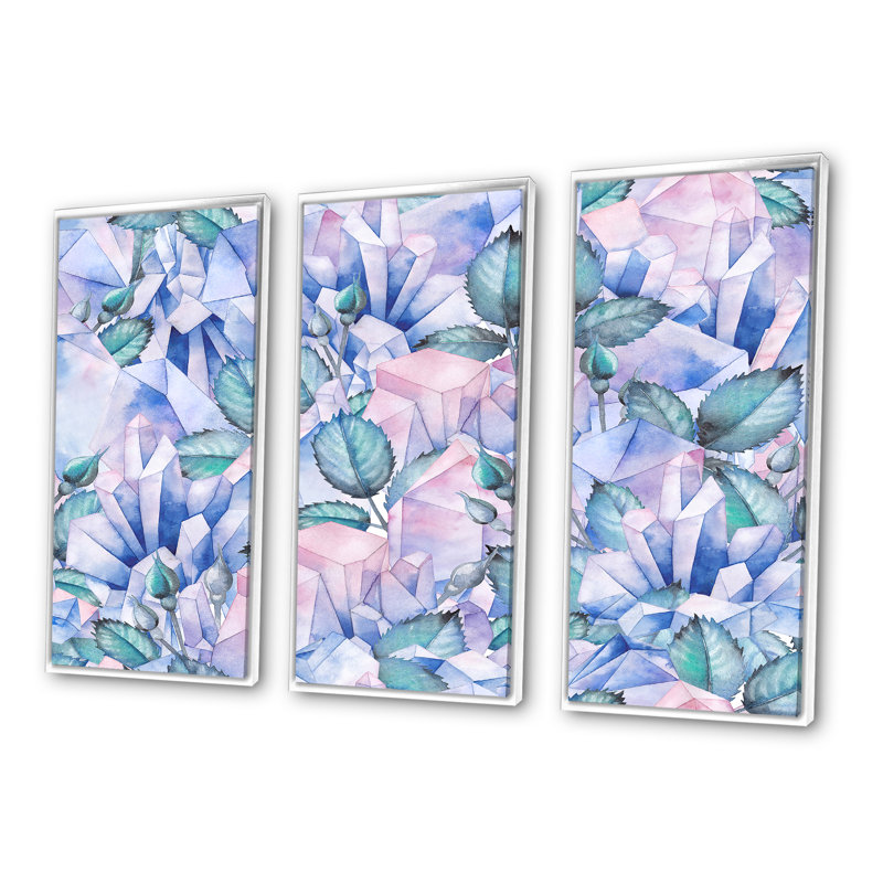 «Blue Leaves In Pink Chr Crystal Landscape», ensemble de 3 impressions sur toile à cadre flottant, Cadre blanc