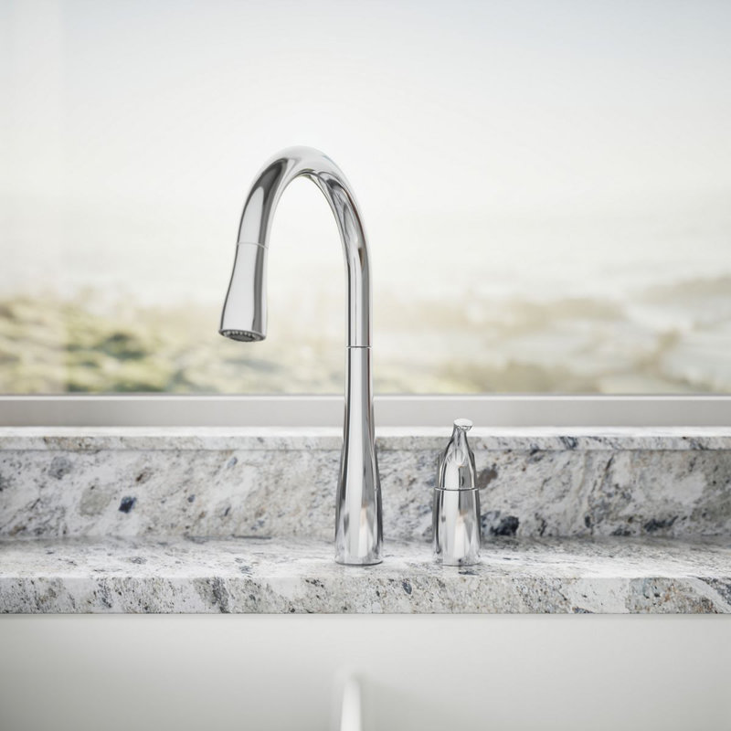 Simplice Pull Down Kitchen Sink Faucet with Three-Function Sprayhead, Two-Hole Installation, Polished Chrome